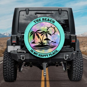 The Beach Is My Happy Place Spare Tire Cover, Beach Waves, Retro Beach, Summer, Sunset Palm Tree Spare Tire Cover, Women Car Accessories