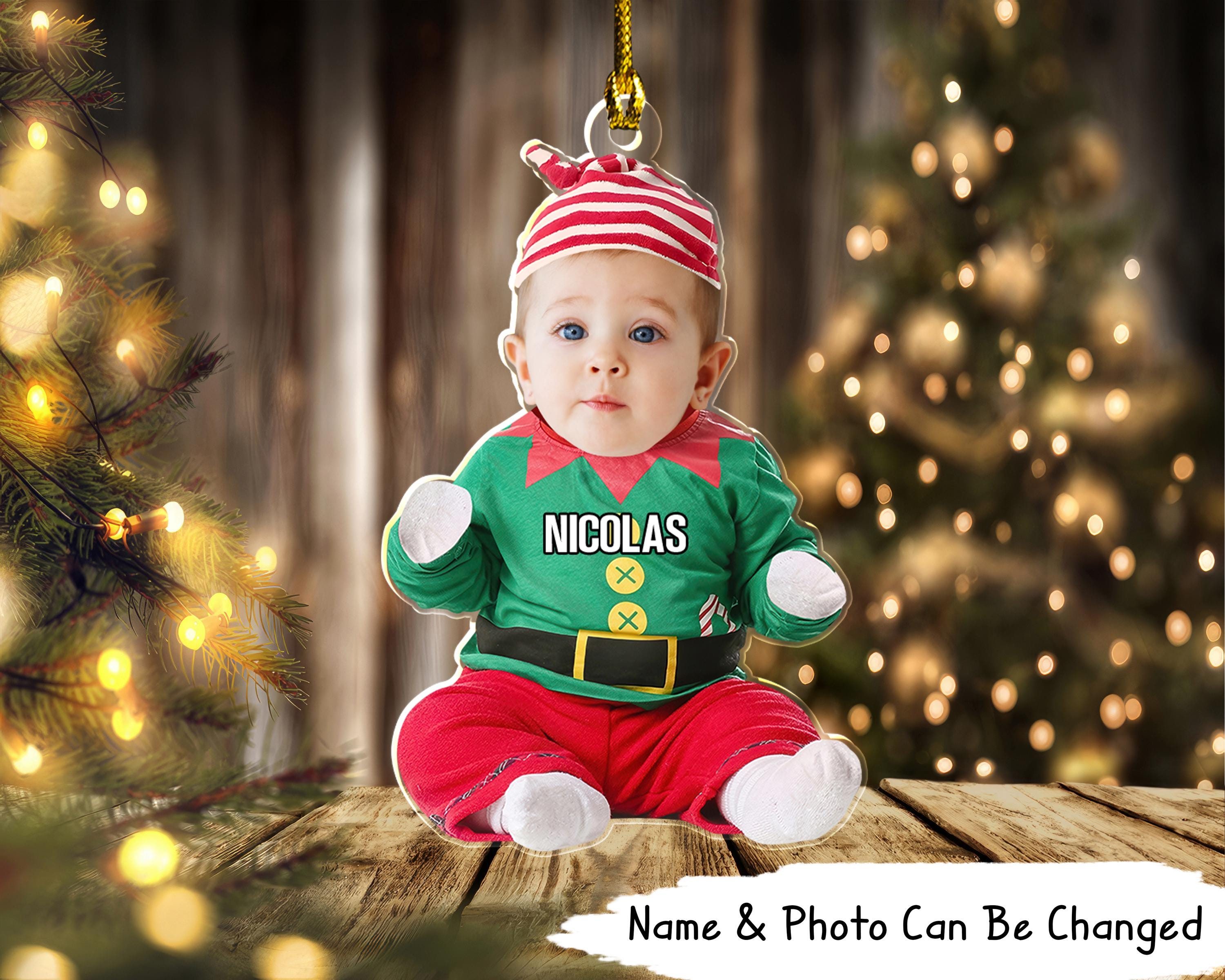 Personalized Cute Baby Elf Ornament, Baby Photo Ornament, Baby Elf