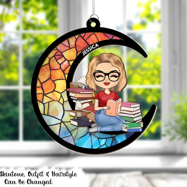 Girl Reading With The Moon, Personalized Window Hanging Suncatcher Ornament, Book Lover Gift, Teacher Gift, Bookworm Gift, Library Decor