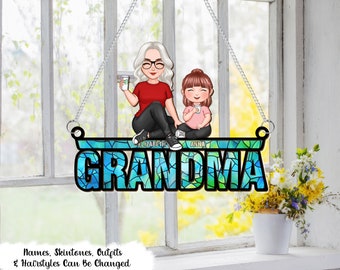 Grandma And Grandkids, Personalized Window Hanging Suncatcher Ornament, Mothers Day Gift For Mom, Grandma Birthday Gift,Window Hanging Decor