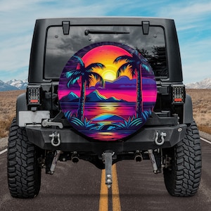 Neon Sunset Scene Palm Trees Spare Tire Cover, Tropical Sunsets, Beach Landscape Summer Spare Tire Cover, Car Spare Tire Cover Beach Theme