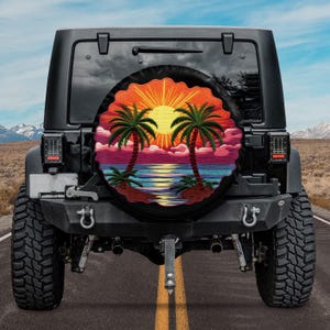 Faux Embroidery Stunning Ocean Sunset View Spare Tire Cover, Ocean Sunset Scenery Spare Tire Cover, Palm Tree Lined Beach Spare Tire Cover