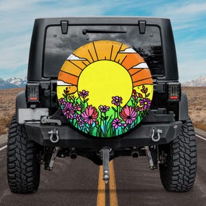 Nature Scene With Flower Spare Tire Cover, Spring Summer Wildflower Spare Tire Cover, Floral Botanical Nature Landscape Spare Tire Cover