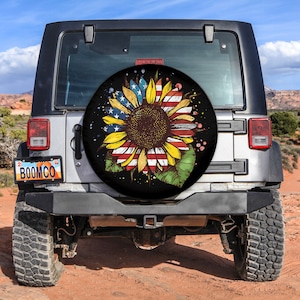 Sunflower Tire Cover, Peace Sunflower American Flag Spare Tire Cover With or Without Camera Hole, Spare Tire Cover For RV, Bronco, Camper