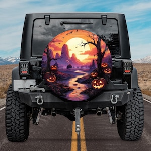 Halloween Sunset Serenity Spare Tire Cover, Halloween Night Pumpkin Spare Tire Cover, Pumpkin Ghost Bat Car Decor, Horror Goth Tire Cover