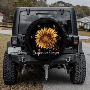 Be Your Own Sunshine Spare Tire Cover With Or Without Camera Hole, Sunflower With Butterflies Spare Tire Cover, Boho Car Accessories Gift