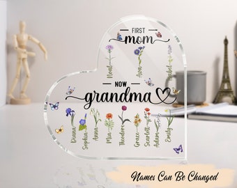 Personalized First Mom, Now Grandma Heart Acrylic Plaque, Valentine Gift, Nana Gifts, Mothers Day Gift, Birth Month Flowers Gift For Grandma