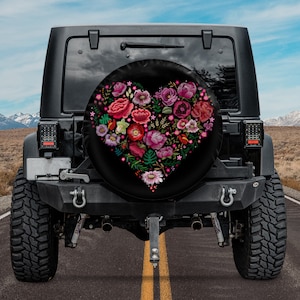 Faux Embroidery Flower Heart Spare Tire Cover, Custom Personalized Tire Cover, Gift for Car Lover, RV SUV Tire Cover, Car Accessories