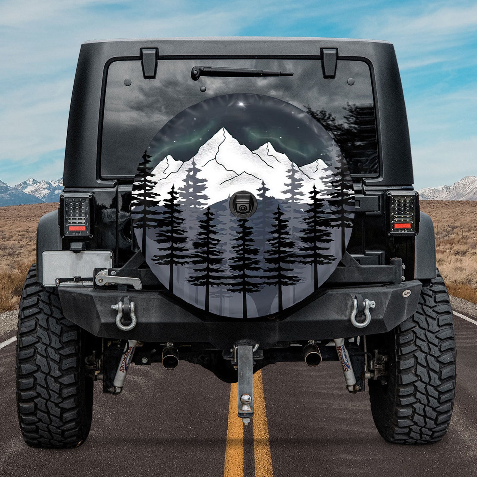 Mountain and Northern Lights Spare Tire Cover, Mountain Landscape Spare ...