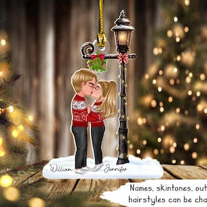 Couple Kissing Under Mistletoe Lamp Post Personalized Acrylic Ornament, Custom Baubles For Couples, First Christmas Family Ornament Gift
