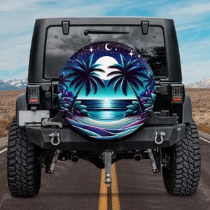 Twilight Palms Moonrise Over Beach Tropical Scene Spare Tire Cover, Beach Sunset Girl Spare Tire Cover, Palm Tree Spare Tire Cover Camper