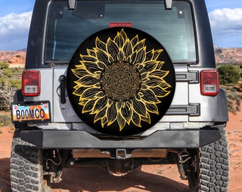 Sunflower Tire Cover, Mandala Spare Tire Cover Vintage With or Without Camera Hole, Tire Cover For RV, Camper, Bronco, Any Vehicle