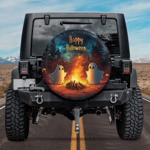 Happy Halloween Campfire Spare Tire Cover, Ghost Campfire Nightlight Spare Tire Cover, Funny Camping Ghosts Spare Tire Cover Gift For Camper