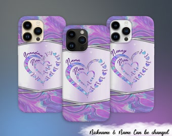 Holographic Grandma Mom Nana Mama Abuela Heart In Heart Personalized Phone Case, Custom Mimi Nonnie Heart With Kids Name Phone Case Gift