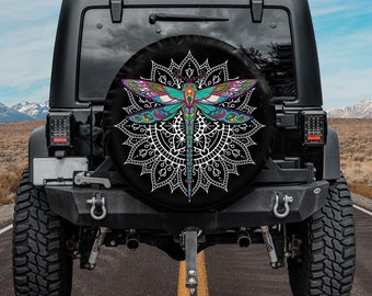 Spare Tire Cover For Camper, Colorful Mandala Dragonfly Spare Tire Cover With or Without Camera Hole, Spare Tire Cover For Trailer, Bronco