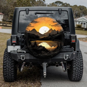 Retro Sunset Rays Wavy Spare Tire Cover With Or Without Camera Hole, Mountain Camping Spare Tire Cover, Hiking Lover, Outdoor Lover Gift