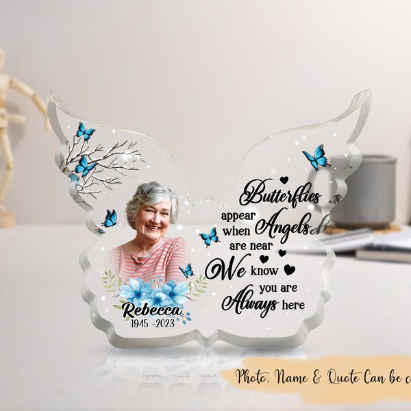 Personalized Photo Memorial Heart Acrylic Plaque, Butterfly Appear When Angels Are Near, In Loving Memory Plaque, Memorial Gift For Loss