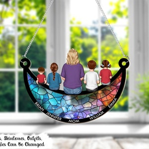 Personalized Window Hanging Suncatcher Ornament, Mom And Her Kids On The Moon, Mom And Daughter Gifts, Mothers Day Gift For Mom,Grandma,Mimi