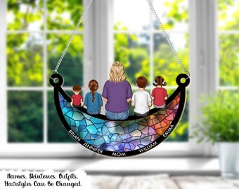 Gepersonaliseerde raamhangende Suncatcher Ornament, moeder en haar kinderen op de maan, moeder en dochter geschenken, Moederdag cadeau voor moeder, oma, Mimi