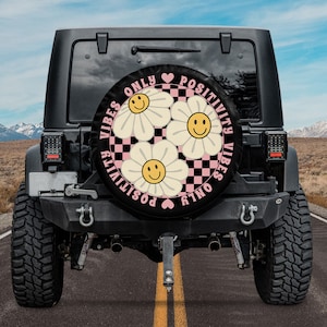Retro Groovy Daisy Flower Smiley Face Spare Tire Cover With Or Without Camera Hole, Positivity Vibes Only, Boho Car Accessories For Women