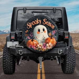 Spooky Season Floral Ghost Spare Tire Cover, Girly Halloween Spare Tire Cover, Spooky Fall Floral Spare Tire Cover, Cute Ghost Autumn Vibes