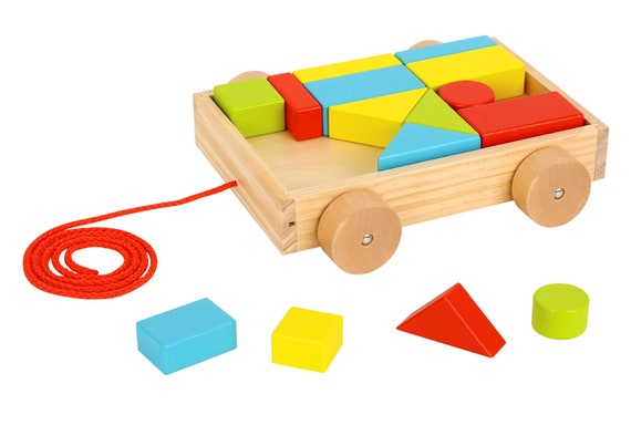 Small mini sized Wooden building puzzle blocks qty 20 in wood tray for toddlers with wheels and pull along handle