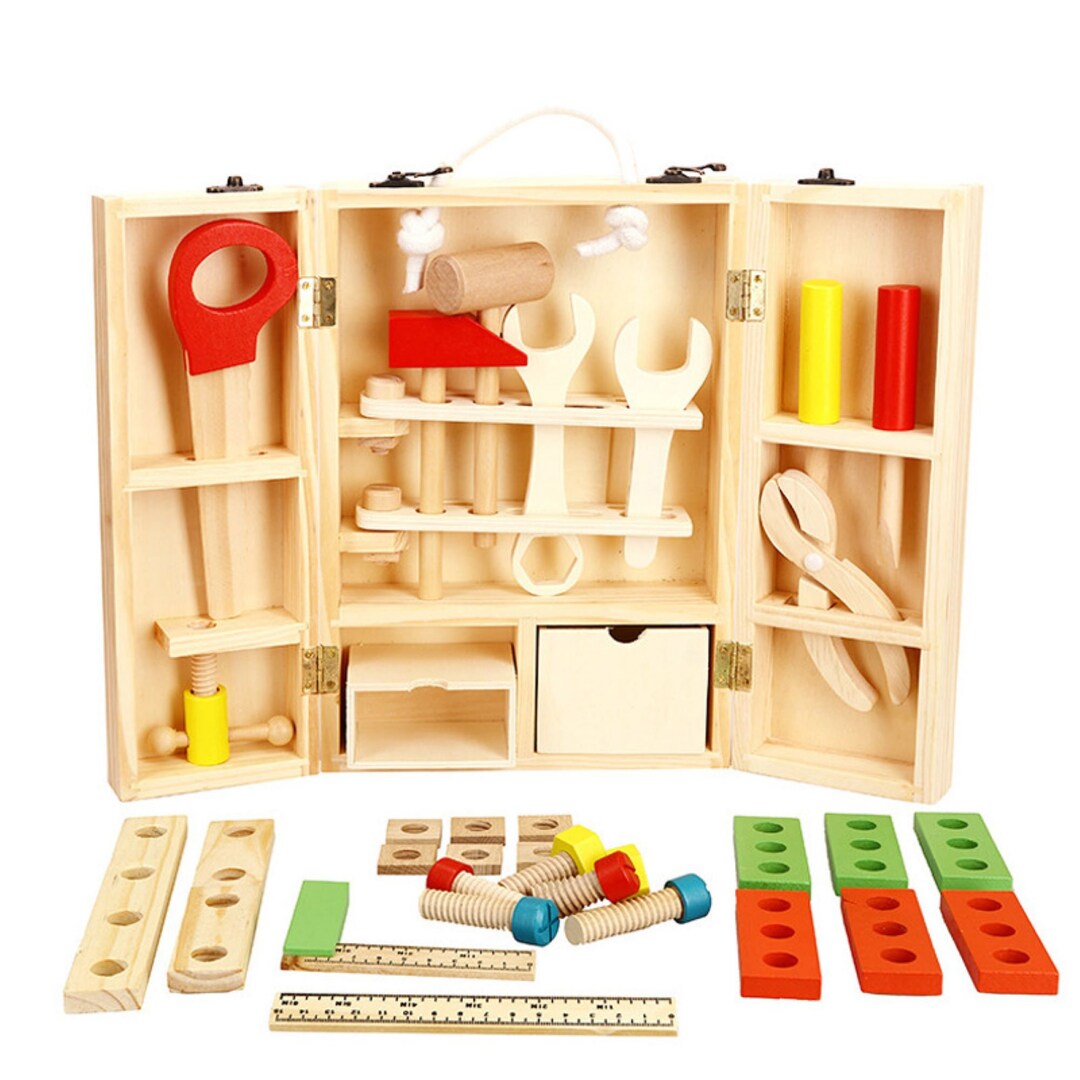 Children's Wooden Tool Set Box Carpenter Set Pretend Play Educational ...