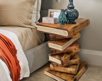 Book Stack Side Table, corner Stool, Plant Stand Raintree Wood Natural Finish-