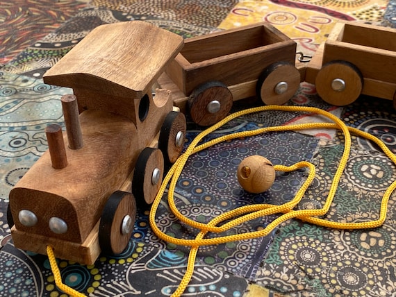 Handmade small wooden Train set with 3 carriages and a pull along string for toddlers and baby