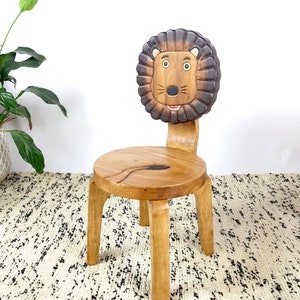 Hand Carved Children's Chair Solid Wooden LION Theme with backrest