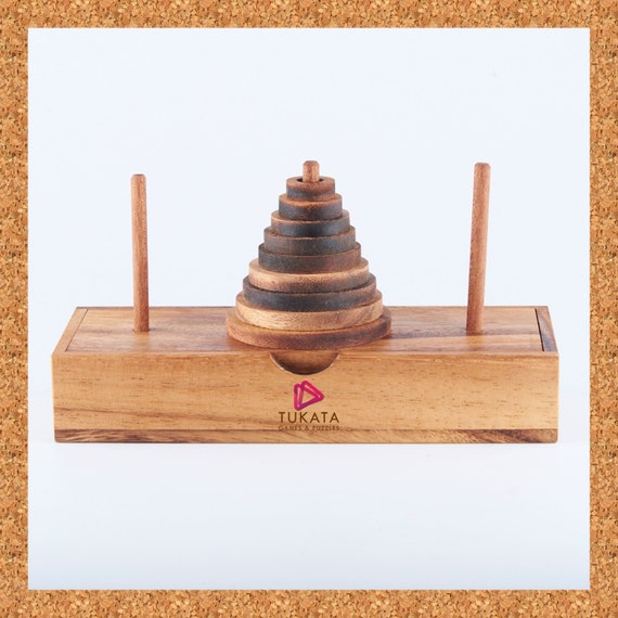 Pagoda 9 ring brain teaser puzzle, wood, handmade 3D puzzle-arrange rings on end column to solve