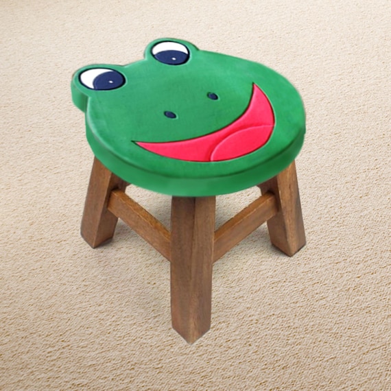 Hand Carved Children's Chair Stool Wooden Frog Face Theme