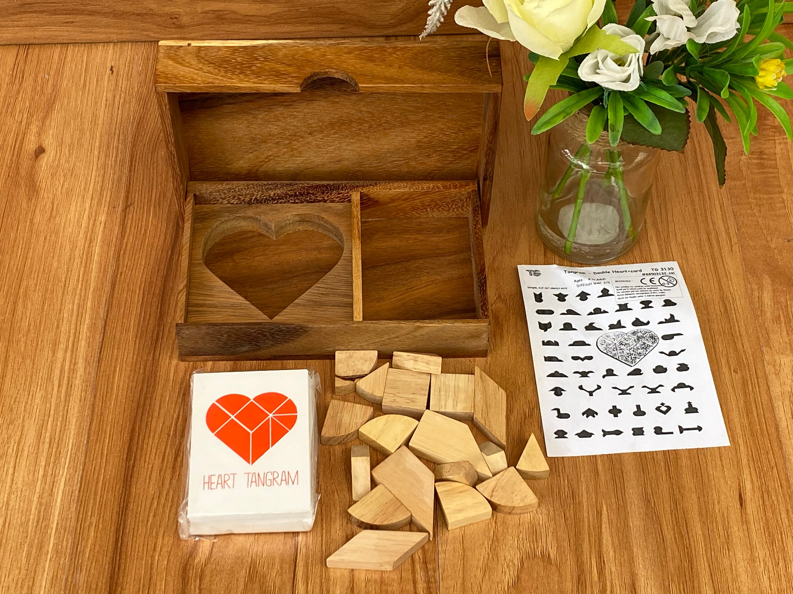 Logic Heart Tangram Set With Play Cards Wooden Puzzle Game - Etsy