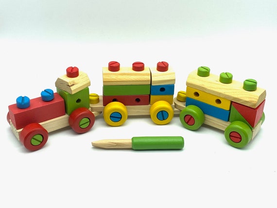 Colorful Toys Kids Wooden Pull Along Shapes Train Stacking Building Block Sorter 