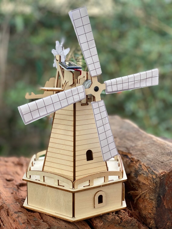 Model kit plywood puzzle Solar powered Windmill Wood - Build and Paint your own DIY craft kit with MOTOR