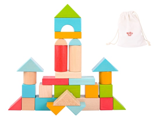 Wooden building puzzle blocks qty 28 pieces in tray for toddlers with carry bag