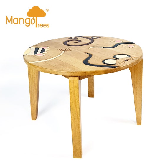 Hand Carved Children's Table Wooden Animals Theme