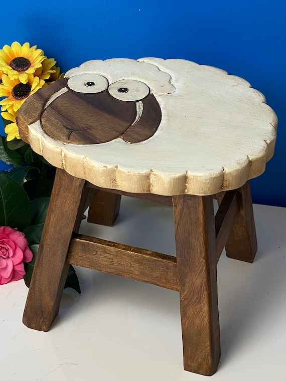 Hand Carved Children's Chair Stool Wooden SHEEP Theme