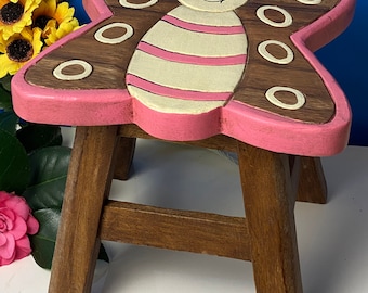 Hand Carved Children's Chair Stool Wooden Butterfly Theme