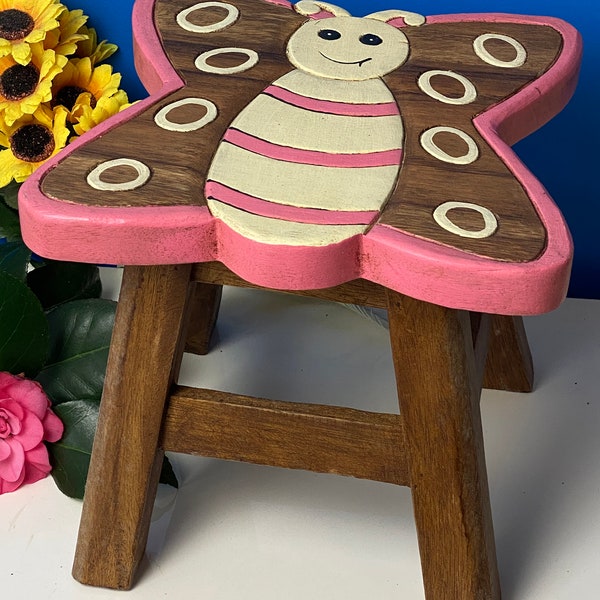 Hand Carved Children's Chair Stool Wooden Butterfly Theme