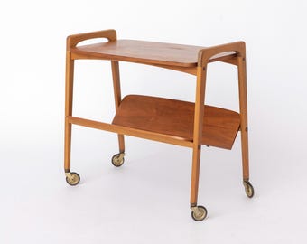 Vintage Bar Cart on Wheels, Mid Century Modern Trolley Table, 1960s German Tea Cart, Teak & Beech Wood
