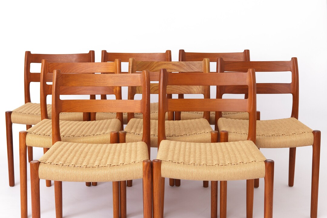 Set 8 Niels Moller Chairs, 1970s, Teak, Danish, Paper Cord Seat ...