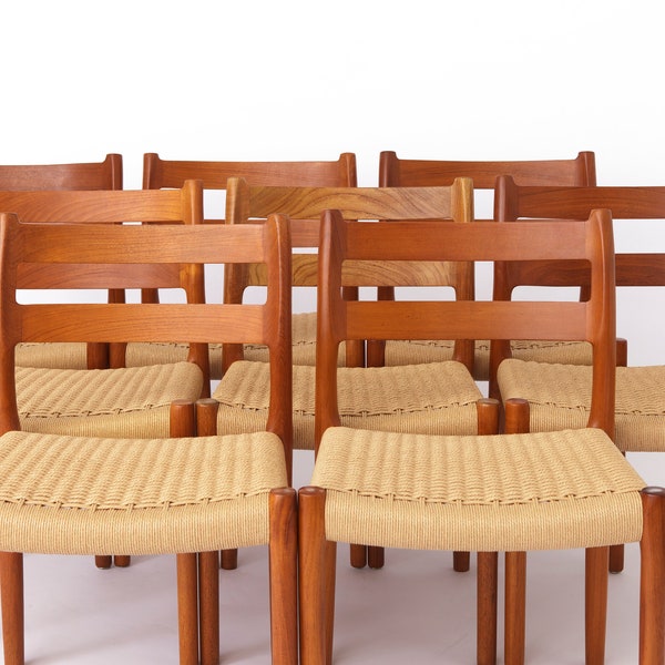 Set 8 Niels Moller Chairs, 1970s, Teak, Danish, Paper cord seat, Vintage, Set of 8