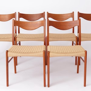 Set of 6 Arne Wahl Iversen Mid century teak dining chairs with papercord seat, for Glyngøre stolefabrik, Model GS61, Denmark 1960s Vintage