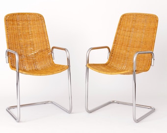 Par de sillas cantilever italianas de los años 70 | Estilo MR20 | Marco de metal cromado, ratán tejido, estilo vintage, envío a todo el mundo