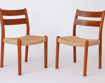 Pair EMC Mobler Mid century teak dining chairs with papercord seats, Set of 2, Denmark, 1960s-1970s Vintage
