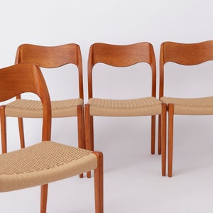 4 Niels Moller Mid century teak dining chairs with papercord seat by Niels O. Møller for J.L. Moller, Model 71, Denmark 1950s vintage