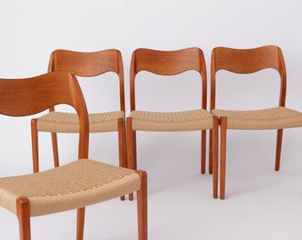 4 Niels Moller Chaises de salle à manger en teck du milieu du siècle avec assise en corde de papier par Niels O. Møller pour J.L. Moller, modèle 71, Danemark vintage des années 1950