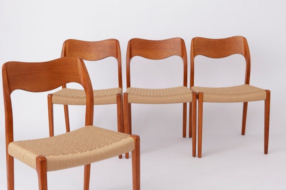4 Niels Moller Mid Century Teak Dining Chairs With Papercord Seat by Niels  O. Møller for J.L. Moller, Model 71, Denmark 1950s Vintage 