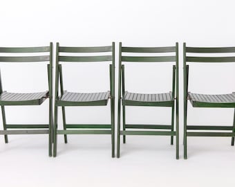 Conjunto de 4 cadeiras dobráveis ​​vintage verdes, em madeira de faia alemã, década de 1960-1970, estilo moderno de meados do século XX.